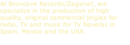 At Broncove Records/Zaganet, we specialize in the production of high quality, original commercial jingles for radio, TV and music for TV Novelas in Spain, Mexico and the USA.